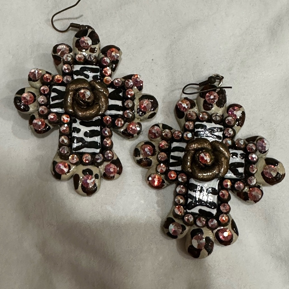 Floral Cross Earrings with Pink Accents